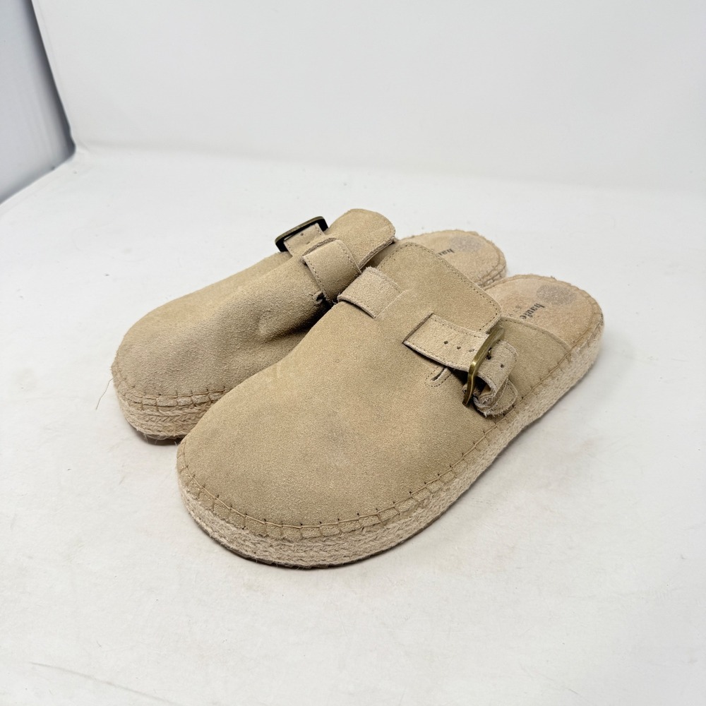 Haute Hippie Style Suede Espadrille Mules Tan 10M Buckle Platform Clogs Boho - Picture 7 of 7
